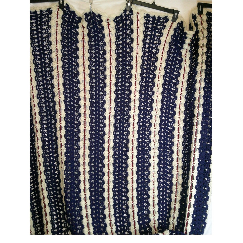 Vintage Handmade Crochet Blanket Patriotic Red White Blue Large Queen Size 96x88